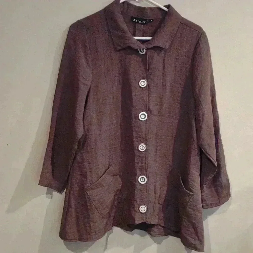 Lulu-B Womens Medium Oversized Brown 2 Pocket Long Sleeve Top